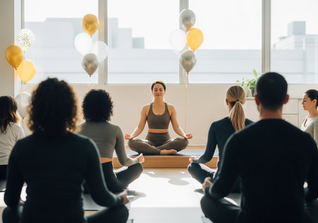 A group of individuals participate in a guided meditation session led by an instructor in a light-filled studio. Focus and tranquility are evident in the participants postures.の素材