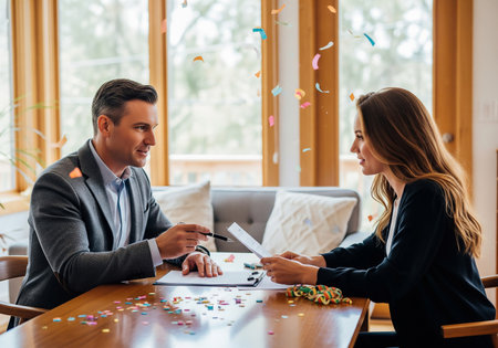 Two individuals, a man and a woman, are seated at a table reviewing paperwork, surrounded by confetti, suggesting a successful deal or agreement.の素材