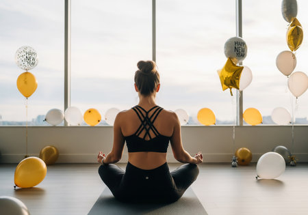 A woman in a black sports bra and leggings sits in a meditative pose on a yoga mat, facing a window with balloons, creating a serene and peaceful atmosphere.の素材