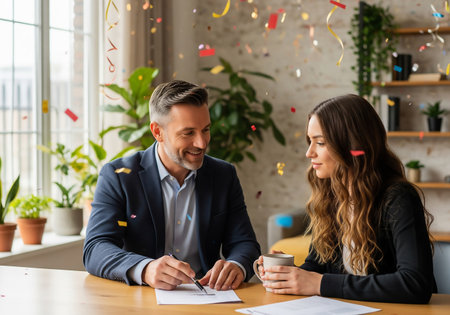 A man and woman are seated at a table, seemingly finalizing a business agreement, with confetti falling around them, creating a celebratory and positive atmosphere.の素材