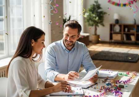 A smiling couple is intently reviewing paperwork together at a table adorned with party decorations, suggesting a happy occasion and shared decision-making.の素材