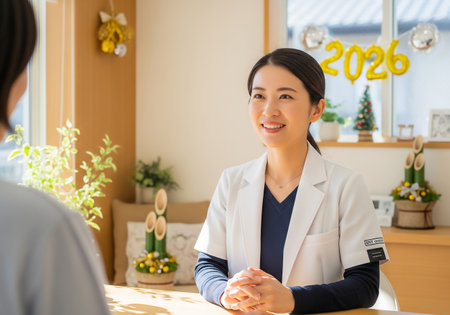A friendly Japanese receptionist in a white coat greets a patient at a desk, with a festive 2024 decoration visible in the background, creating a welcoming atmosphere.の素材