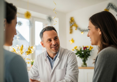 A friendly doctor engages in a conversation with a couple, likely discussing health concerns or treatment options in a welcoming and cheerful setting.の素材