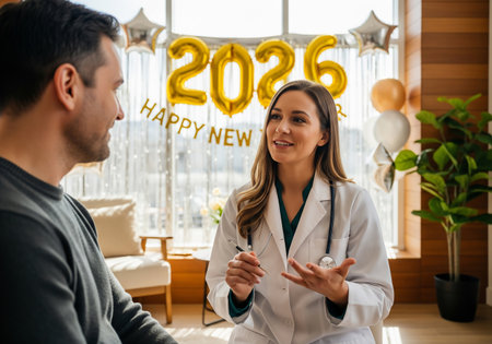 A female doctor in a white coat speaks with a male patient in a brightly decorated clinic, celebrating the new year 2026. A sense of care and optimism is conveyed.の素材