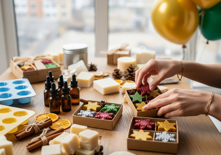 A person carefully arranges colorful, handcrafted soaps in small wooden boxes, surrounded by essential oils, molds, and natural ingredients, suggesting a creative soap-making workshop.の素材