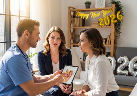 A healthcare professional shows a couple an ultrasound image, likely discussing pregnancy details. The scene is decorated for the New Year 2026, suggesting a hopeful and celebratory moment.の素材