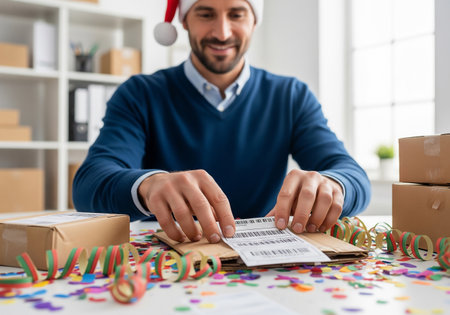 A smiling man wearing a Santa hat is engrossed in opening a Christmas card, surrounded by packages, confetti, and holiday decorations, creating a cheerful and festive atmosphere.の素材