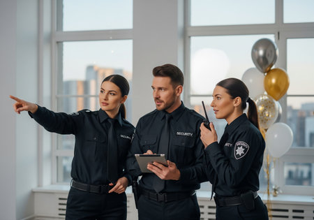 Three security personnel in uniform are examining a building exterior, seemingly assessing a situation. One points, another holds a clipboard, and the third has a radio, suggesting vigilance and communication.の素材