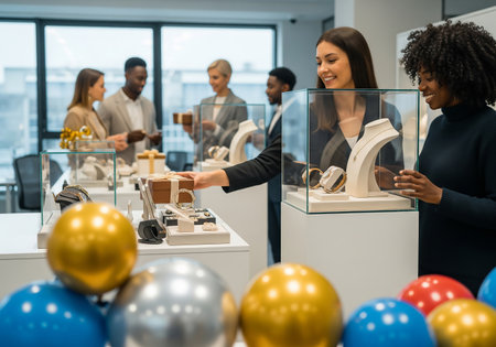 A sophisticated jewelry exhibition showcasing exquisite pieces, with attendees admiring the collection. Gold and blue balloons add a celebratory atmosphere to the event.の素材