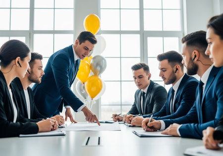 A group of professionals in a modern office setting are gathered around a table, seemingly celebrating a deal or achievement. Balloons add a festive touch to the formal atmosphere.の素材