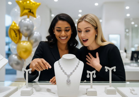 Two stylish women are intently examining a necklace displayed in a jewelry store. The scene conveys luxury, shopping, and a focus on fine accessories, with celebratory balloons in the background.の素材