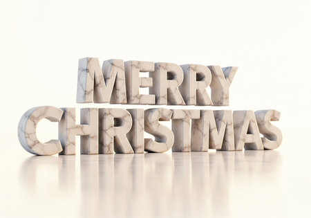A 3D rendering of the phrase Merry Christmas presented in large, textured stone letters. The letters are stacked and reflect on a glossy surface, creating a festive and celebratory visual.の素材