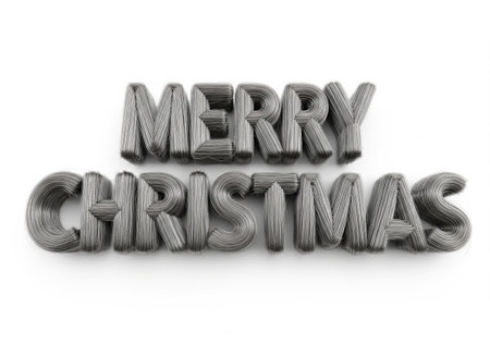 A 3D rendering of the phrase Merry Christmas formed by gray balloon-like letters, set against a clean white background. The letters have a textured, slightly weathered appearance, creating a unique and modern holiday visual.の素材