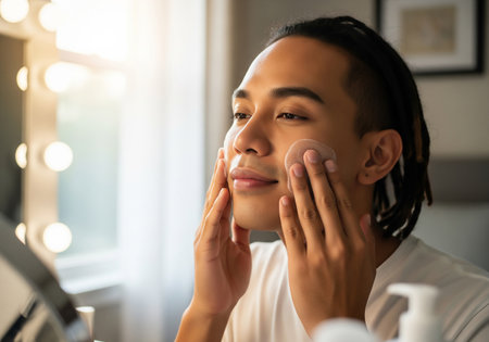 A young man is carefully applying a cream or lotion to his face in a well-lit bathroom, demonstrating a skincare routine with focus and attention.の素材
