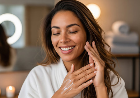 A happy woman in a white robe applies lotion to her hands, enjoying a moment of self-care in a warmly lit bathroom setting. Focus on skincare and wellness.の素材