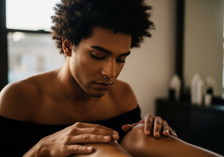 A woman with short curly hair is intently giving a massage to a clients arm, demonstrating expertise and care in a professional setting. The scene conveys relaxation and wellness.の素材