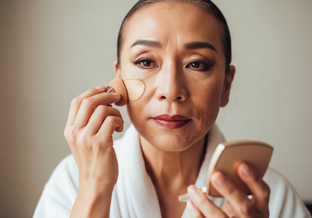 An Asian woman in a white robe carefully applies concealer under her eyes, examining her reflection in a small mirror. She appears to be in a bathroom setting, focused on her skincare routine.の素材