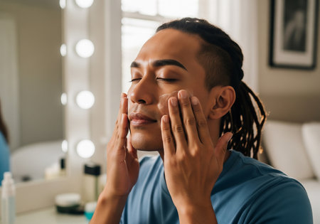 A young man with dreadlocks is shown applying a skincare product to his face, eyes closed, demonstrating a self-care routine in a well-lit bathroom setting.の素材