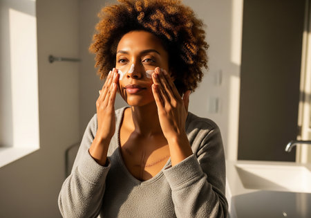 A woman with curly hair is gently applying cream to her face in a well-lit bathroom, showcasing a self-care routine and a moment of personal wellness.の素材