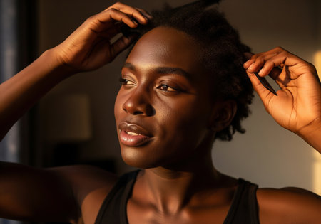 Close-up portrait of a dark-skinned woman gently arranging her hair, showcasing a moment of self-care and natural beauty in a softly lit setting.の素材