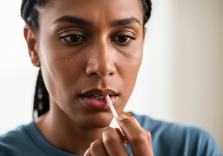 A close-up portrait of a woman carefully applying lip gloss, showcasing a moment of personal grooming and beauty enhancement. Focus on her face and the application process.の素材