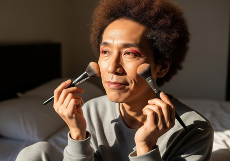 A man is applying blush with makeup brushes, seemingly in a relaxed home setting. The image captures a moment of self-expression and personal grooming, showcasing a unique and intimate portrait.の素材
