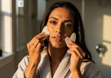 A woman in a robe examines and holds gua sha stones, likely preparing for a facial massage or skincare ritual. Natural light illuminates her face, highlighting a focus on self-care and wellness.の素材