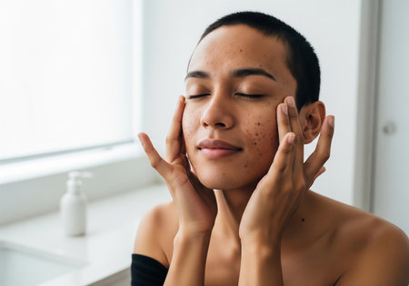 A young woman with short hair gently applies skincare products to her face, eyes closed, conveying a sense of relaxation and self-care in a bright, natural setting.の素材
