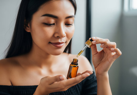 A young Asian woman gently applies a facial oil serum to her dの素材