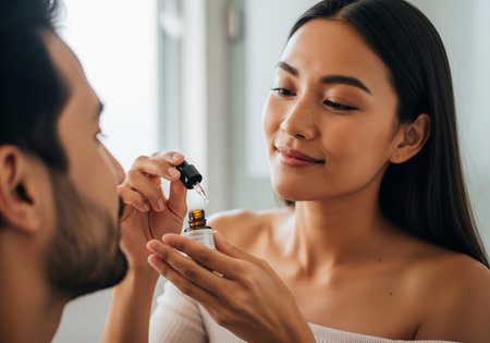 A man gently applies essential oil to a womans skin, both with eyes closed, suggesting relaxation, intimacy, and a focus on well-being and self-care.の素材