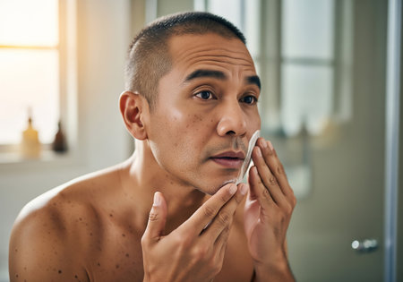 A man with a shaved head intently examines his face in a bathroom mirror, applying a skincare product. Focus on grooming and self-care.の素材