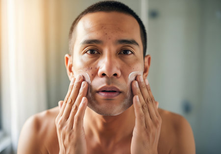 A man is shown applying a cream or moisturizer to his face, likely as part of a skincare routine. He appears focused and attentive to his skin health.の素材