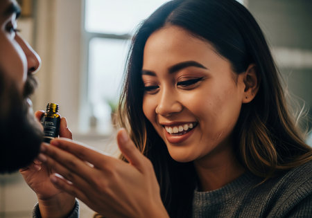 A smiling woman looks at a man holding a small bottle of essential oil, suggesting a moment of shared wellness, intimacy, and perhaps a romantic connection. Warm lighting and a relaxed atmosphere.の素材