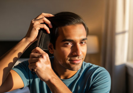 A man is seen styling his hair while wearing headphones, bathed in natural light. He appears relaxed and focused, creating a casual and personal moment.の素材