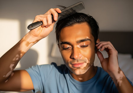 A man with vitiligo is seen combing his hair in a softly lit room, seemingly starting his day. He appears thoughtful and calm, focusing on his grooming.の素材