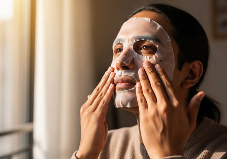 A woman is carefully applying a white facial mask to her face, likely as part of a self-care or skincare routine. Natural light illuminates the scene, creating a relaxed and peaceful atmosphere.の素材