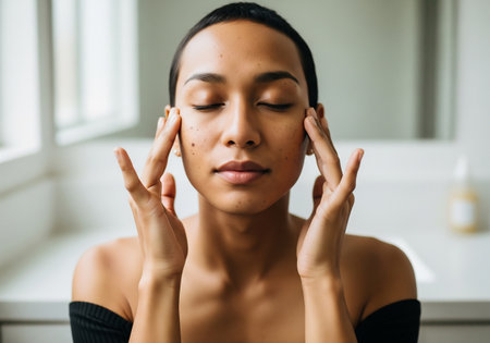 A woman with dark hair gently presses points around her eyes, demonstrating a facial acupressure technique. She has a calm, peaceful expression, suggesting relaxation and well-being.の素材