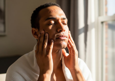 A man with a relaxed expression is gently massaging his face, bathed in natural light streaming through a window. He appears to be engaged in a self-care routine, possibly skincare or facial exercise.の素材
