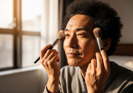 A mature man with dark hair is applying makeup with brushes near a window, showcasing self-expression, aging gracefully, and embracing personal style.の素材