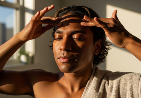 A close-up portrait of a man with short hair, eyes closed, hands gently placed on his forehead, suggesting meditation or deep thought in a sunlit room.の素材