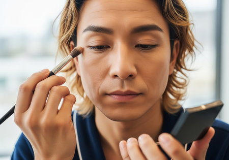 A man is carefully applying eyeshadow with a makeup brush, looking at a compact mirror. He appears to be engaged in a personal grooming routine, showcasing self-care and beauty practices.の素材