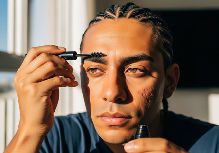 A close-up portrait of a man carefully applying mascara to his eyebrows, showcasing a modern perspective on beauty, self-expression, and challenging traditional gender norms.の素材