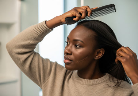 A woman with dark hair is carefully combing her hair, appearing thoughtful and engaged in her personal grooming routine in a bright, modern setting.の素材