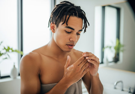 A young man with stylish hair is applying lotion to his hands in a modern, well-lit bathroom. He appears thoughtful, possibly reflecting on self-care.の素材