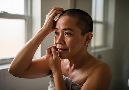A woman with a shaved head stands near a window, thoughtfully applying lipstick. The image conveys a sense of introspection and self-care, with a focus on her face and expression.の素材
