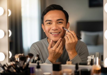 A smiling Asian man is applying eyeliner in front of a lighted vanity mirror. Hes engaged in a self-care routine, surrounded by makeup brushes and products, showcasing a modern grooming ritual.の素材