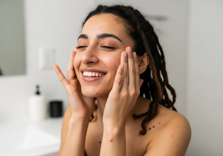 A young woman with dark hair, smiling brightly while gently touching her face, conveying happiness and self-care in a bathroom setting.の素材