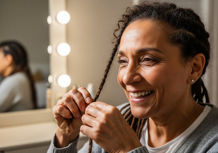A joyful, middle-aged woman with mixed heritage is seen carefully braiding her hair, displaying a sense of self-care and contentment in a well-lit room.の素材
