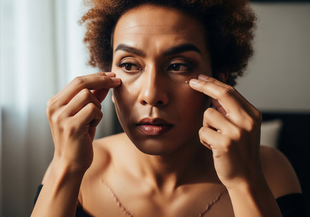 A close-up portrait of a woman gently removing makeup around her eyes, conveying a sense of introspection and self-care. Natural lighting highlights her skin texture and expression.の素材