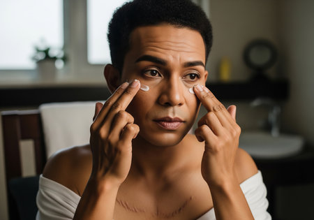A woman carefully applies eye cream, focusing on the delicate under-eye area. She appears to be engaged in a personal skincare ritual, demonstrating self-care and beauty practices.の素材